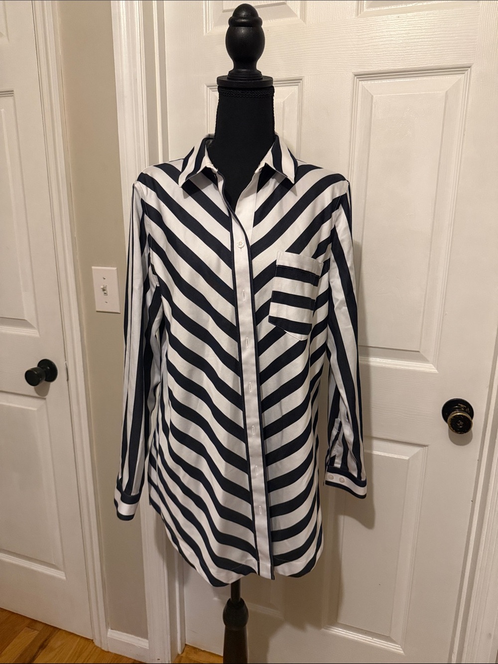 Chico's Navy and White Diagonal Stripe Button-Down Shirt